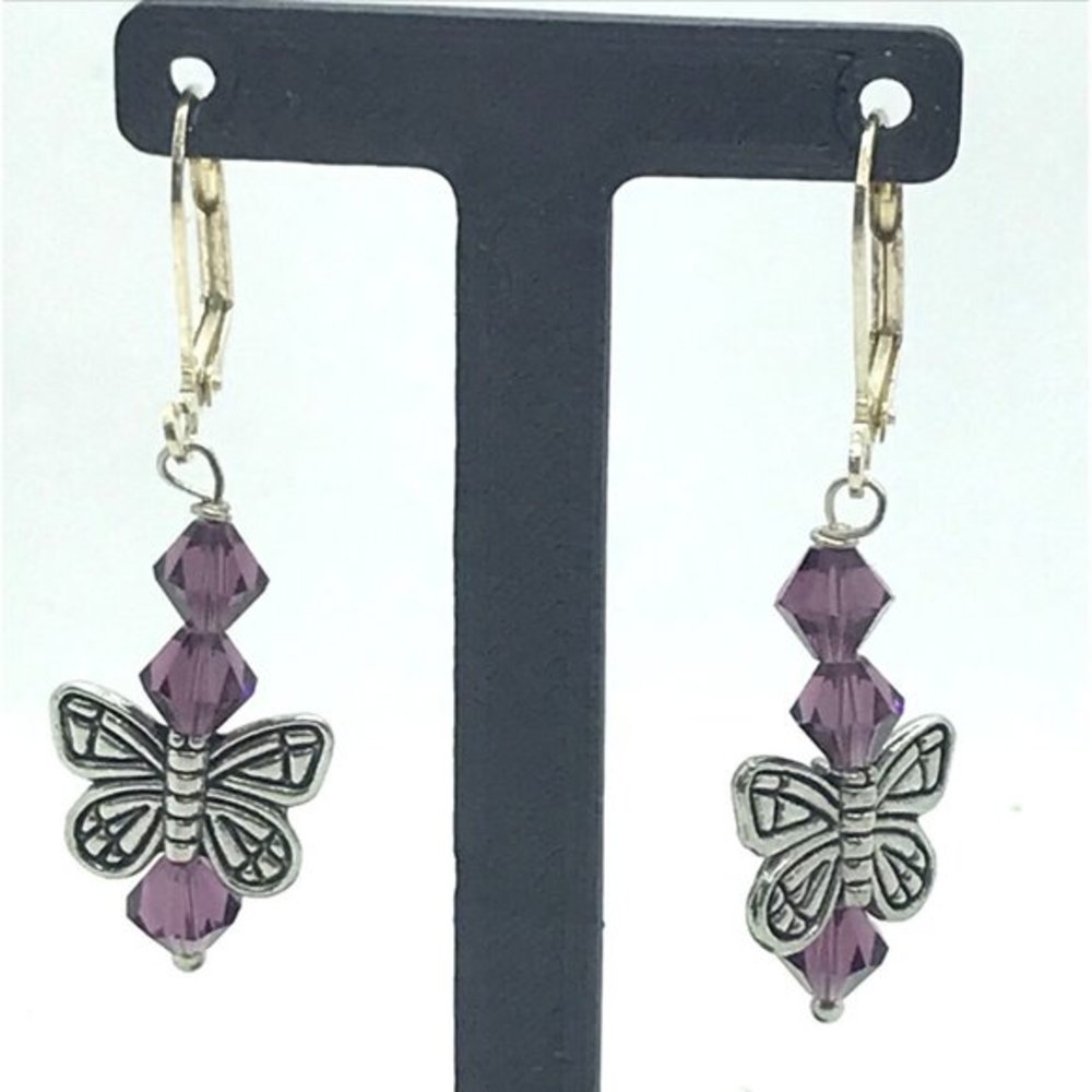 Purple Bead silver Butterfly drop‎ dangle Earrings
